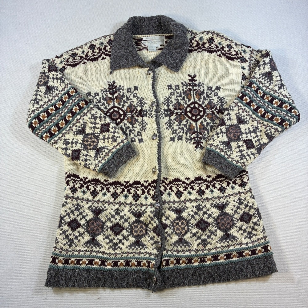 Vintage Jennifer Reed‎ Cardigan Sweater Medium Hand Knitted Nordic Snowflake
